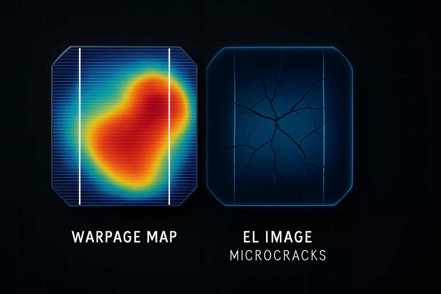 A 3D laser scan of a solar cell showing color-coded height variations, clearly indicating bow and warpage.