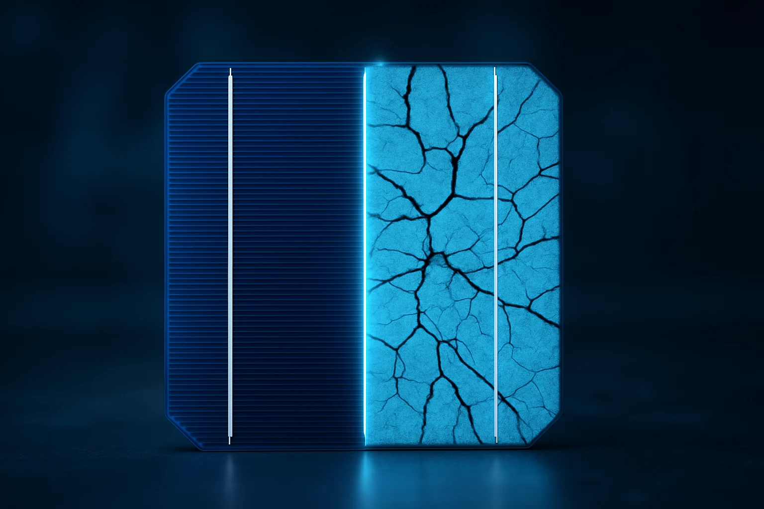 Side-by-side comparison of a visually perfect cell and its EL image revealing severe cracking.