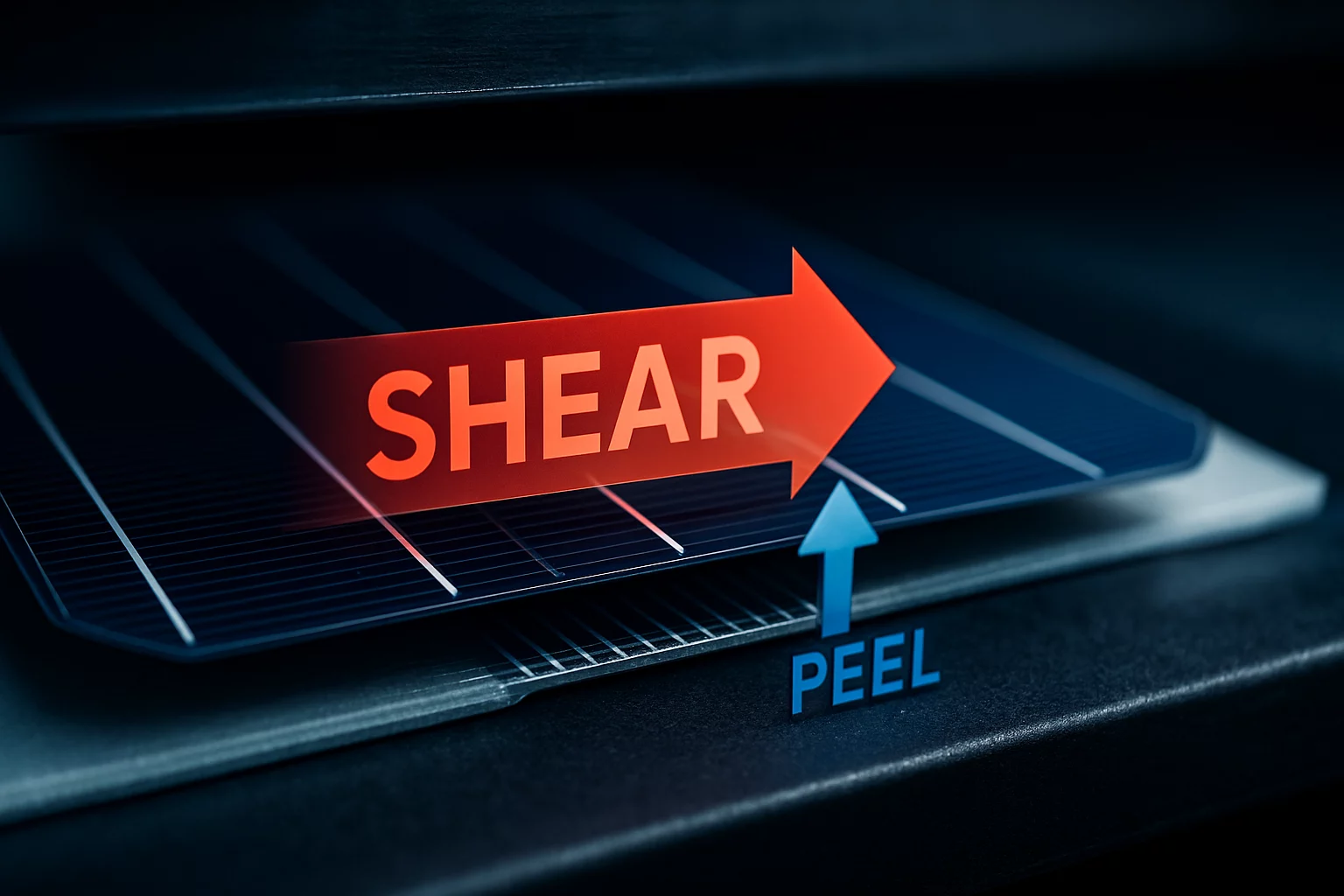 Diagram illustrating shear forces versus peel forces on solar module layers.
