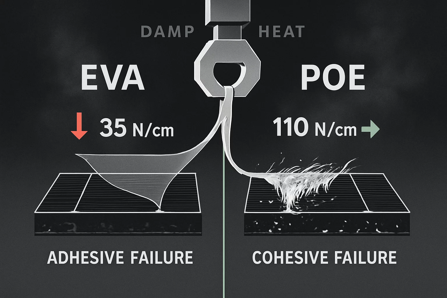 A detailed diagram showing the setup for a 180-degree peel strength test on a solar glass and encapsulant sample, with arrows indicating the pulling force and direction.